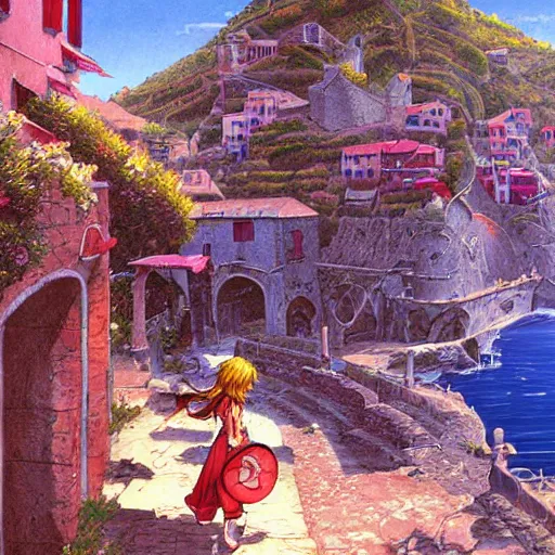 Image similar to illustration, french bande dessinée, final fantasy 9, mediterranean landscape, quaint village, cinq terre, highly detailed, luminous, by moebius, concept art by pixar, unreal engine