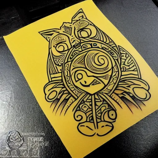 Image similar to tattoo sketch on yellow paperp, polynesian style, cat hugging the sun, maori, line