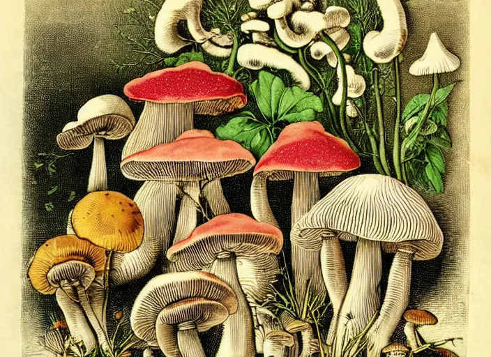 Prompt: mushrooms very rich life textbook scientific botanical mycological illustration, made by Wenceslas Hollar and Ernst Haeckel in vintage Victorian England colourised print style with saturated colours