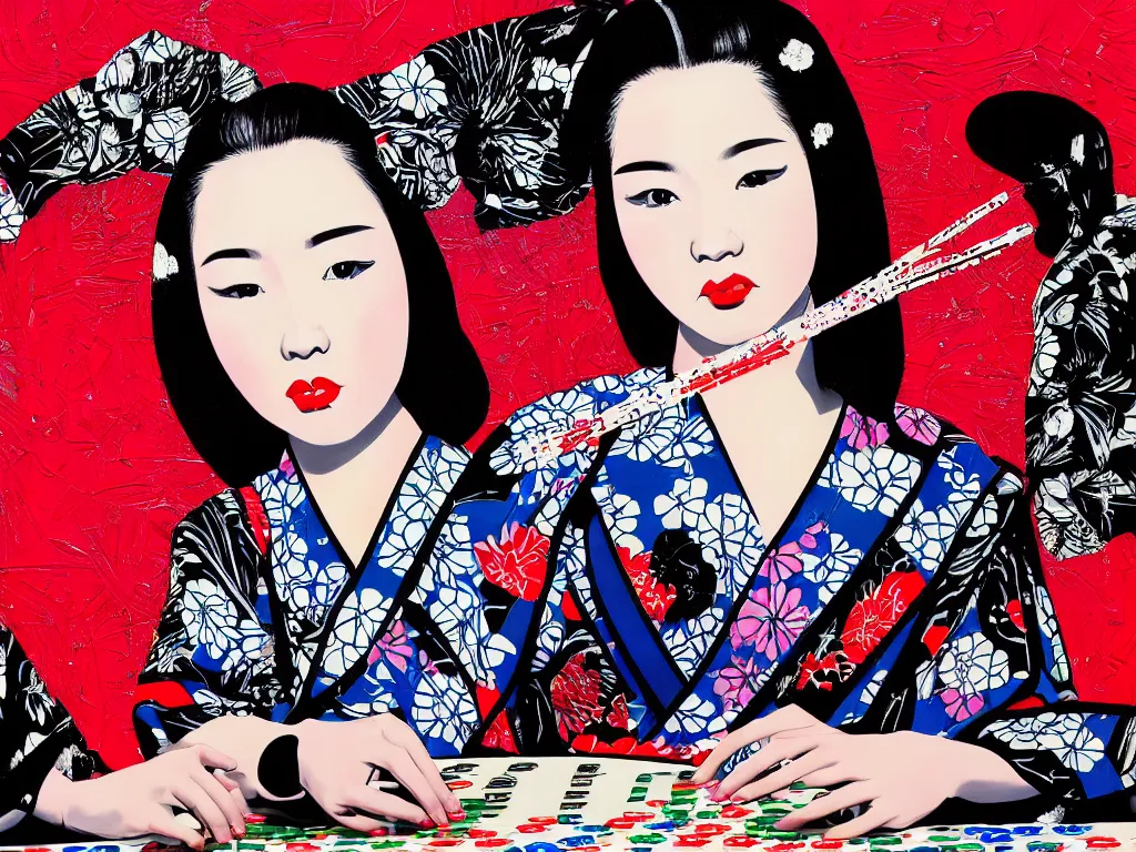 Image similar to hyperrealism composition of the detailed woman in a japanese kimono sitting at an extremely detailed poker table with darth vader, fireworks on the background, pop - art style, jacky tsai style, andy warhol style, acrylic on canvas