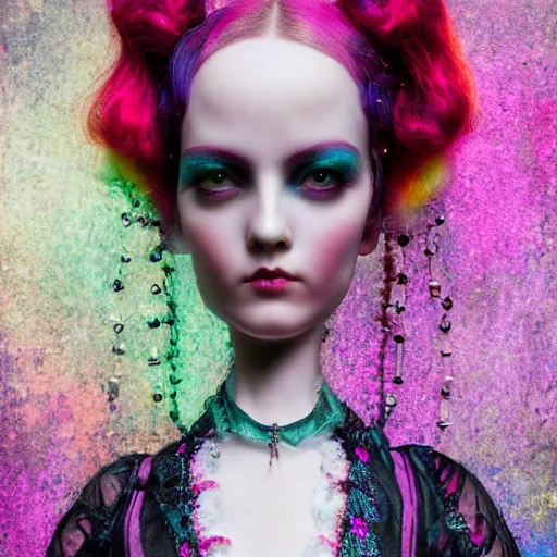 Image similar to Ethereal stunning maximalist Victorian heliumpunk girl from the rainbow sky paradise, high-tech, detailed by Mark Ryden, 35mm macro shot, hyperrealism, 8k resolution 3D