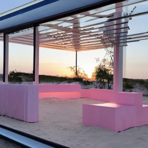 Image similar to An ultra high definition, professional photograph of an outdoor partial IKEA showroom inspired sculpture located on a pastel pink beach ((with pastel pink, dimpled sand where every item is pastel pink. )) The sun can be seen rising through a window in the showroom. The showroom unit is outdoors and the floor is made of dimpled sand. Morning time indirect lighting with on location production lighting on the showroom. In the style of wallpaper magazine, Wes Anderson.