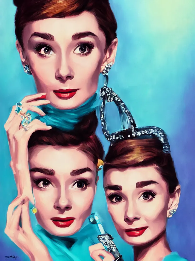 Image similar to a portrait of Audrey Hepburn from Breakfast at Tiffanys, glamorous setting, vivid colors, soft lighting, atmospheric, cinematic, moody, in the style of Ross Tran, oil on canvas, 8k