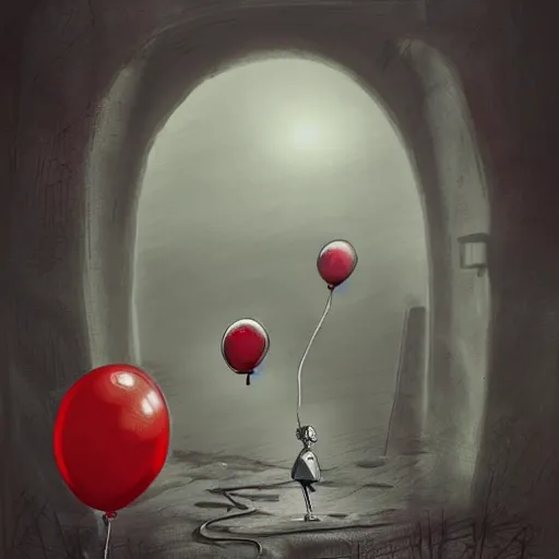 Image similar to grunge cartoon landscape sketch of bilie eilish with a wide smile and a red balloon by - michal karcz, loony toons style, pennywise style, horror theme, detailed, elegant, intricate