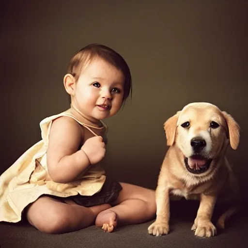 Prompt: portrait of a cute baby and a dog, photography by annie leibovitz, golden light