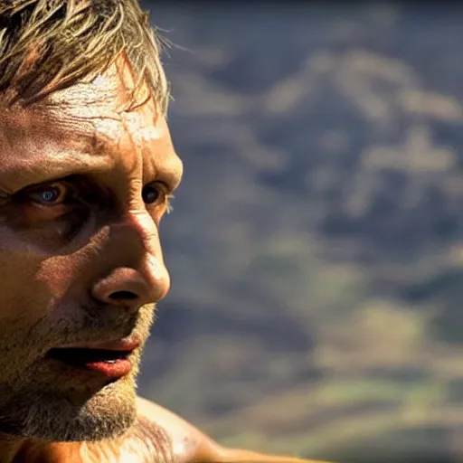 Prompt: Mads Mikkelsen as na'vi, mountains, close up, sharp focus