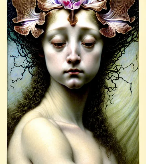 Image similar to beautiful young orchid fairy detailed realistic porcelain face portrait by jean delville, gustave dore, iris van herpen and marco mazzoni, art forms of nature by ernst haeckel, art nouveau, symbolist, visionary, gothic, neo - gothic, pre - raphaelite, fractal lace, intricate alien botanical biodiversity, surreality, hyperdetailed ultrasharp octane render