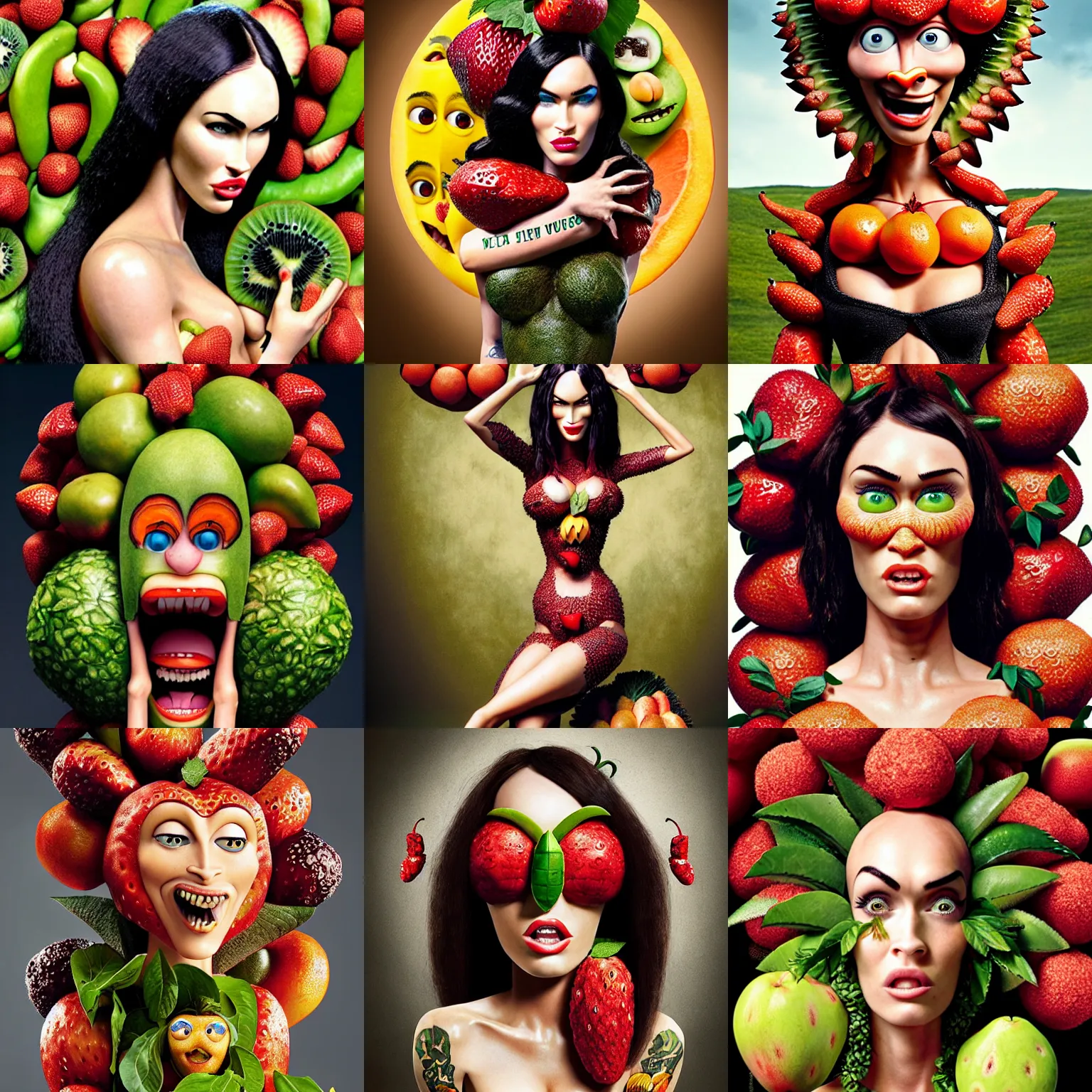 Prompt: megan fox vegan editorial by malczewski, character sculpture by arcimboldo, stil frame from'cloudy with a chance of meatballs 2'( 2 0 1 3 ) of fruit succubus, megan fox editorial by alexander mcqueen