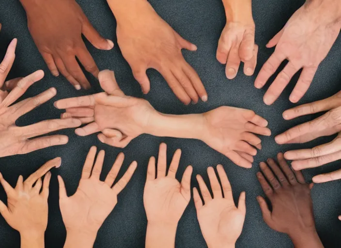Prompt: a row of hands from different races in various positions and poses