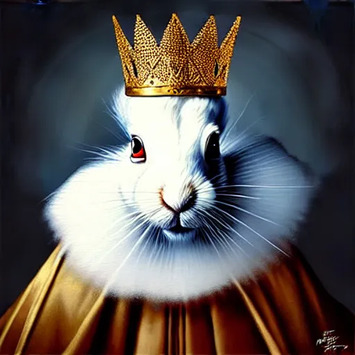 Prompt: “ an oil painting portrait of an evil white hare wearing medieval royal robe and an ornate crown on a dark background ” digital art, concept art, highly detailed, 3 - d 4 k, trending on art station, award winning, mark brooks,