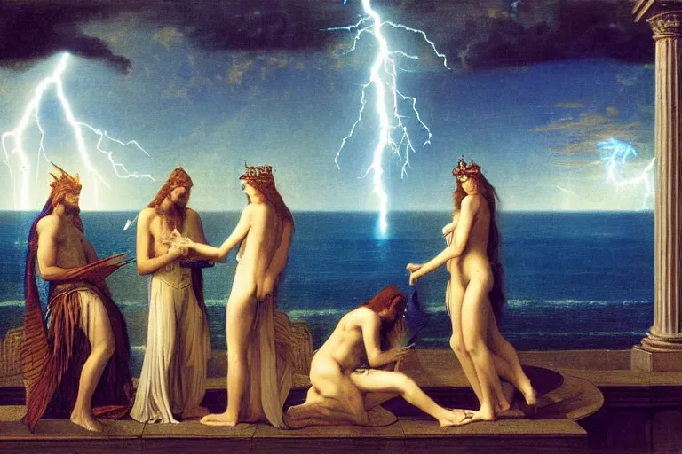 Image similar to Occult spirit on front of balustrade and palace columns, refracted lightnings on the ocean, thunderstorm, tarot cards characters, beach and Tropical vegetation on the background major arcana sky and occult symbols, by paul delaroche, hyperrealistic 4k uhd, award-winning, very detailed paradise