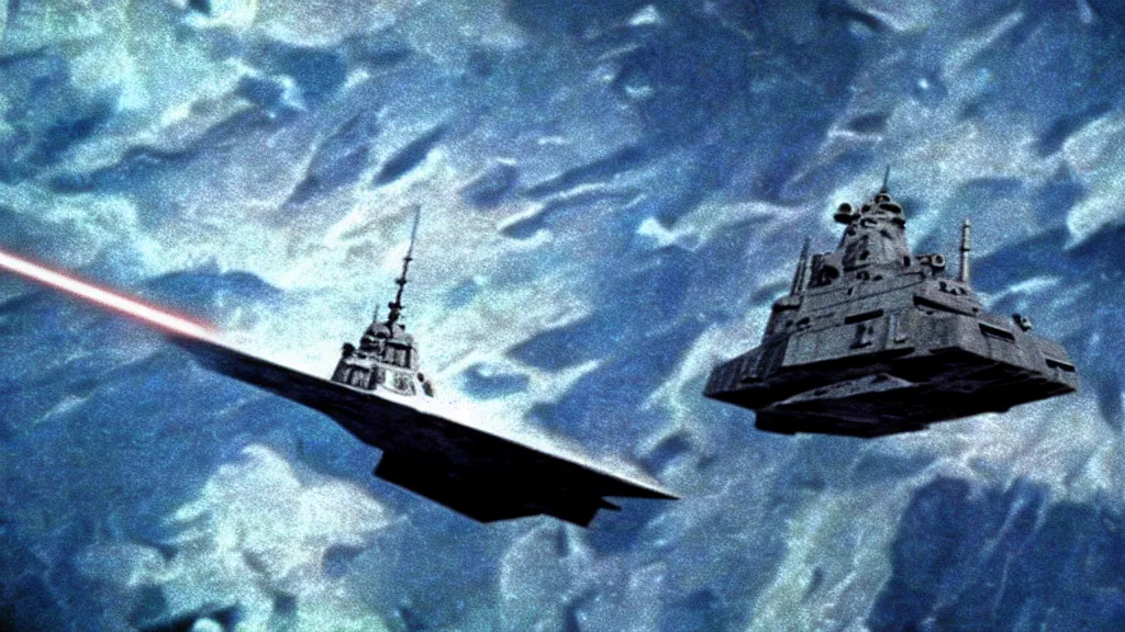 Image similar to Star wars destroyer floating above earth preparing to launch an attack, film still from the movie directed by Stanley Kubrick with art direction by Salvador Dalí, wide lens