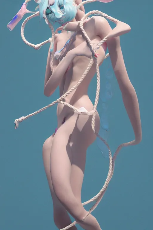Image similar to an epic non - binary model, subject made of white mesh rope, with cerulean and pastel pink bubbles bursting out, delicate, beautiful, intricate, liquid background, melting into sylveon, houdini sidefx, by jeremy mann and ilya kuvshinov, jamie hewlett and ayami kojima, trending on artstation, bold 3 d