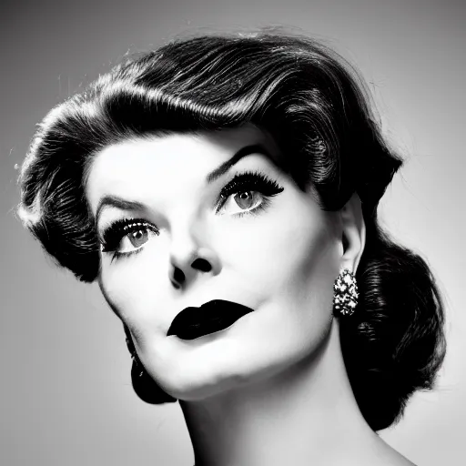 Image similar to a fashion photo portrait of a young Katherine Hepburn, full makup, smokey eye, medium shot. In the style of Helmut newton, robert maplethorpe, Stefano Brunesci, Lachlan Bailey, Herb Ritts, Ellen Von Unwerth, Haris Nukem, Sardax, Annie Leibovitz. detailed photo, hd, 4k, trending on artstation, 35mm, f1.8