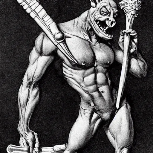 Image similar to dog-faced muscular goblin, lizard tail, holding scimitar made of bone, drawn by Frank Frazetta