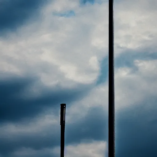 Image similar to a beautiful 8k closeup photo of an electrical pole with fluffy diffused clouds in the background