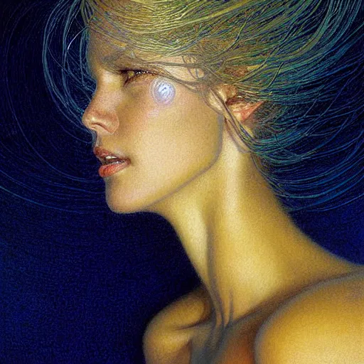 Prompt: Facial portrait of a cute shy woman, looking away from the camera, seductive smile, sparkle in eyes, lips slightly parted, long flowing hair, no hands visible, intricate, extremely detailed painting by Jean Delville and by Greg Rutkowski and by Moebius, golden hour