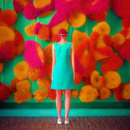 Image similar to giant flower head, frontal, girl standing in mid century hotel, surreal, symmetry, bright colors, cinematic, wes anderson