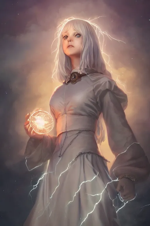 Prompt: a cute wizard girl conjuring a lightening ball, character art portrait, anime key visual, official media, illustrated by tom bagshaw, wlop, kentaro miura, extremely detailed, 8 k, trending on artstation, cinematic lighting, beautiful