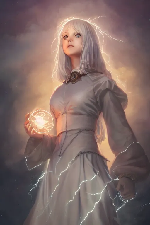 Image similar to a cute wizard girl conjuring a lightening ball, character art portrait, anime key visual, official media, illustrated by tom bagshaw, wlop, kentaro miura, extremely detailed, 8 k, trending on artstation, cinematic lighting, beautiful