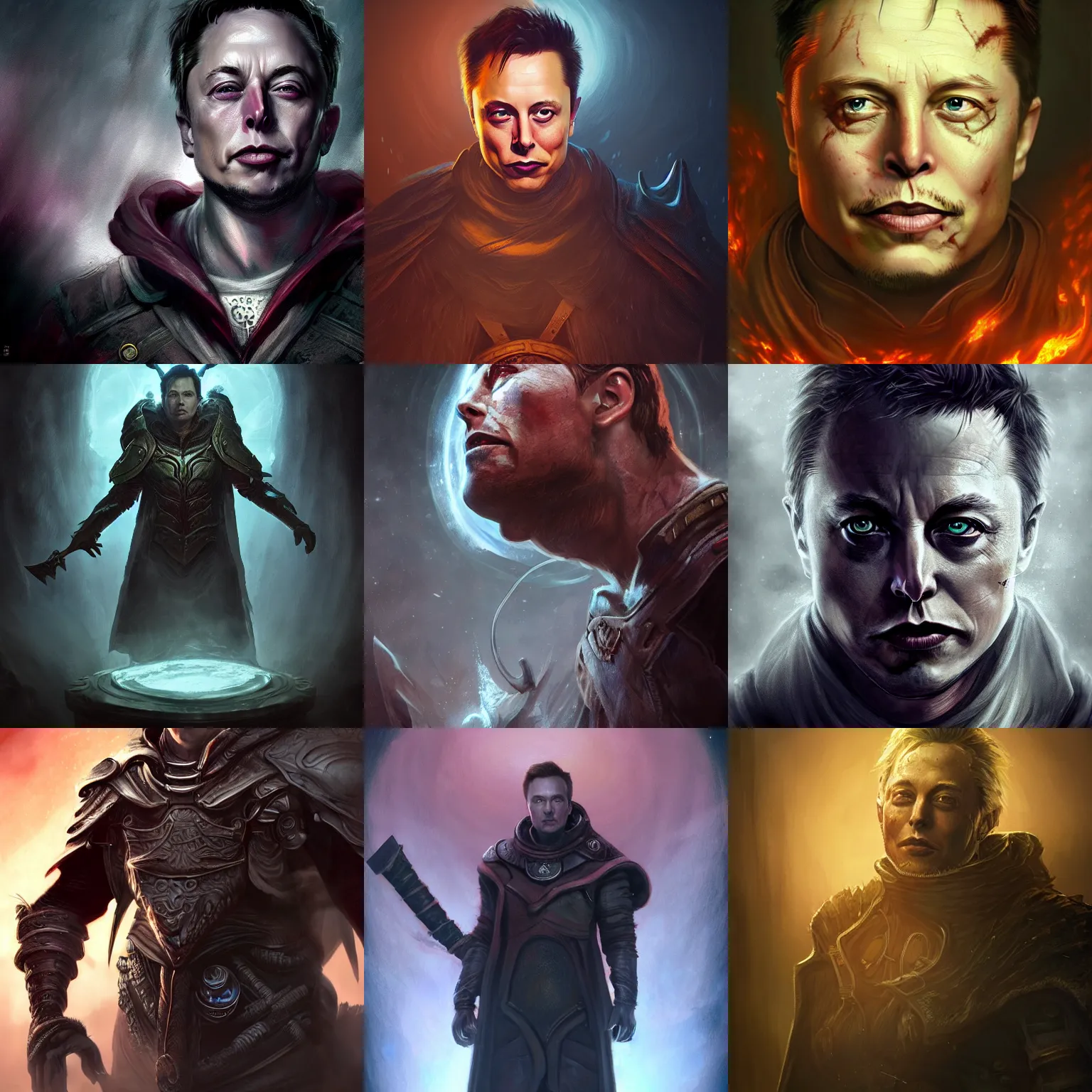 Prompt: epic portrait of elon musk as a sorcerer d & d character by the best fantasy concept artists and seb mckinnon in the style of skyrim art, artstation, cgsociety, volumetric lighting, 8 k