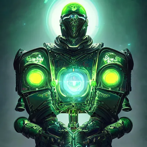 Prompt: portrait of an evil robotic man as a paladin in full shining armor with one beautiful green glowing eye, oil painting, digital painting, intricate detail, vivid color, neon color, artwork by ross tran + raymond swanland, background artwork by steven outram