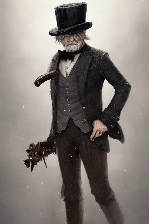 Image similar to A fancy portrait of a grey hair old halfling with stubble top hat and suit by Greg Rutkowski, Sung Choi, Mitchell Mohrhauser, Maciej Kuciara, Johnson Ting, Maxim Verehin, Peter Konig, Bloodborne, 8k photorealistic, cinematic lighting, HD, high details, dramatic, dark atmosphere, trending on artstation