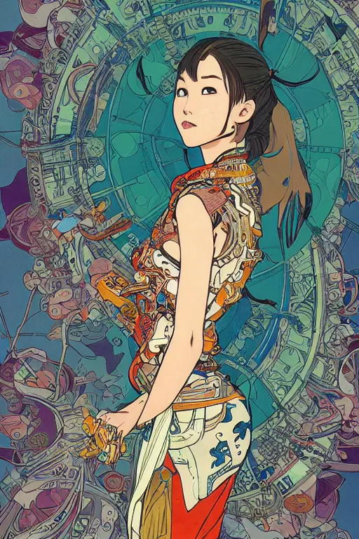 Image similar to beautiful cyborg portrait girl female illustration detailed patterns art of thai traditional dress, pop art, splash painting, art by geof darrow, ashley wood, alphonse mucha, makoto shinkai