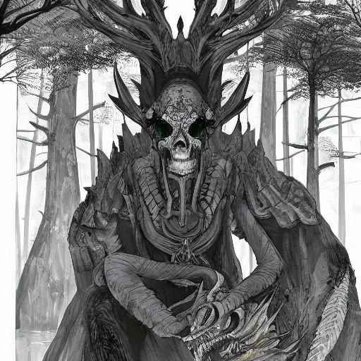 Image similar to concept art painting of an anthropomorphic dragon king with black robes, a long neck, and skull mask, in a deep forest, cel shaded, in the style of makoto shinkai and james gurney and studio ghibli and moebius