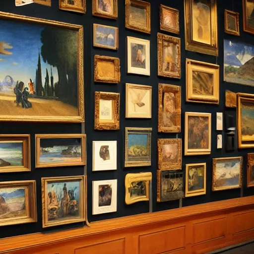 Prompt: dozens of famous paintings on a wall in a museum