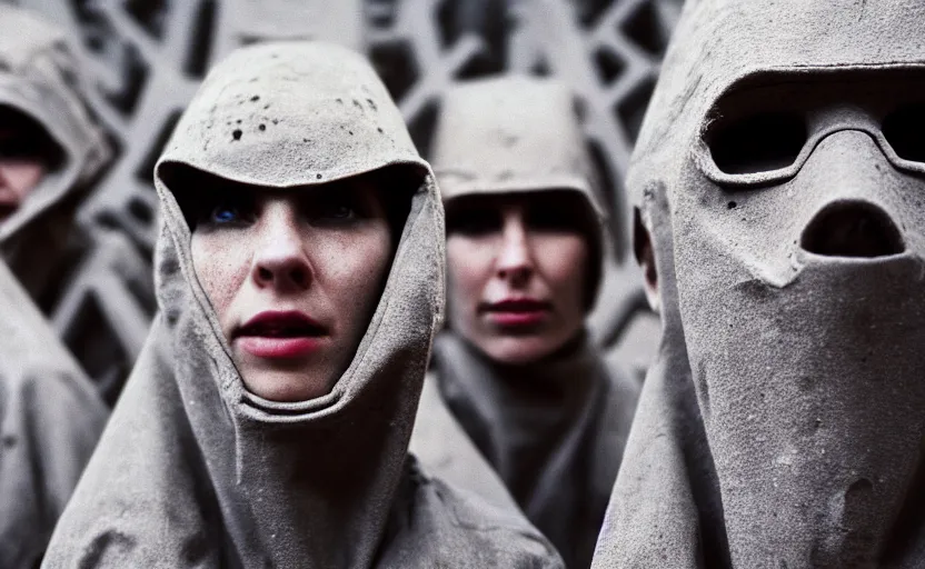 Image similar to cinestill 5 0 d photographic portrait by helen levitt of a group of android women wearing rugged black mesh techwear in a cement maze, extreme closeup, modern cyberpunk, minimalism, dust storm, 8 k, hd, high resolution, 3 5 mm, f / 3 2, ultra realistic faces, intricate detail, ex machina