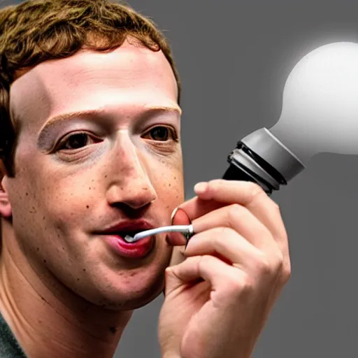 Image similar to Mark Zuckerberg eating a lightbulb, highly detailed, high quality, HD, 4k, 8k, Canon 300mm, professional photographer, 40mp, lifelike, top-rated, award winning, realistic, sharp, no blur, edited, corrected, trending