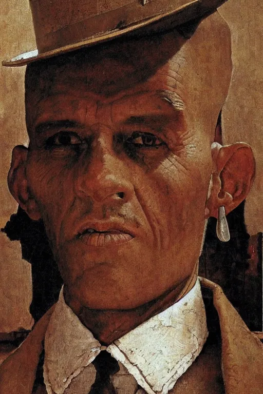 Prompt: a closer personal portrait of man with very piercing eyes, very charismatic. in the old ancient temple of the sphinx. masterpiece, dark. painted by norman rockwell and james gurney