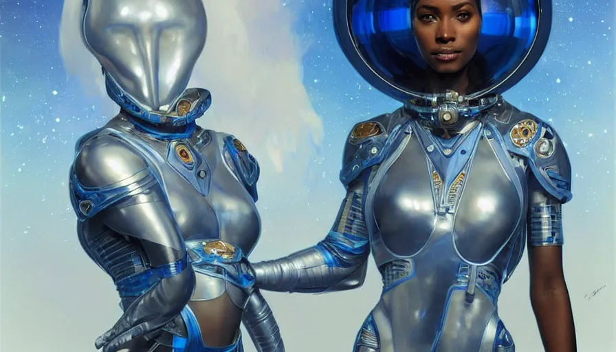 Image similar to concept art of very very very very very very beautiful african woman, spacesuit, futuristic cybernetic helmet, blue eyes, real life skin, intricate, elegant, highly detailed, artstation, concept art, smooth, sharp focus, art by artgerm and greg rutkowski and alphonse mucha
