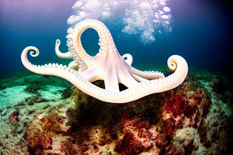 Image similar to underwater photography of a gigantic white octopus walking at the shore of the beach