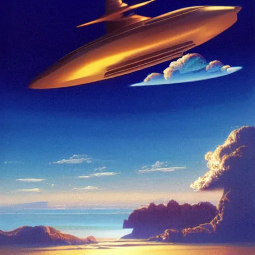 Prompt: beautiful matte painting of golden shores of a blue dreamy ocean, heavenly island in the clouds floating above the ocean, spaceship flying by, towering mountains emerging from the ocean, sci - fi, daylight, blue sky, cinematic lighting, cinematic perspective, syd mead, john harris, federico pelat