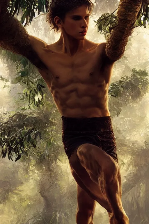 Image similar to stunningly beautiful, male ballet dancer in jungle, symmetrical face, golden hour, smooth, focus, highly detailed, hyper realistic, dramatic lighting, elegant, intricate, concept art, art by wlop, mars ravelo, greg rutowski, artstation