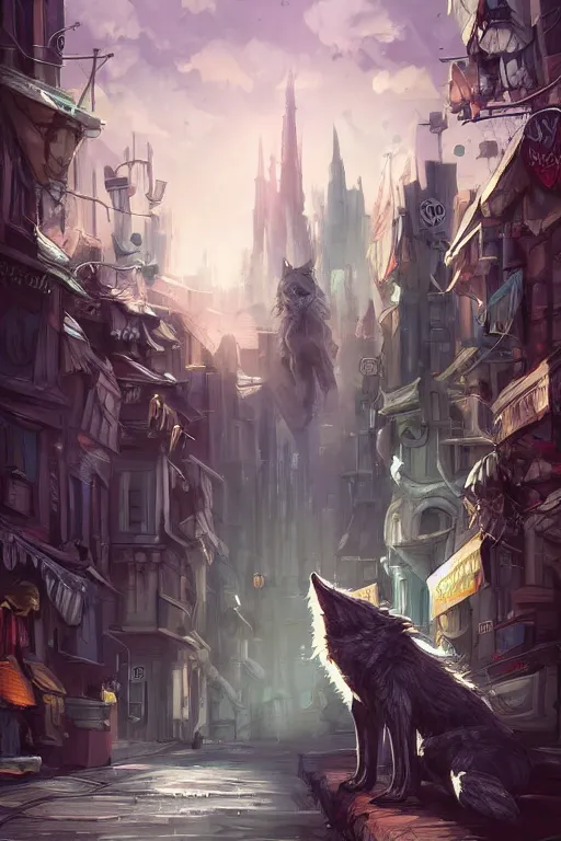 Image similar to fluffly werewolf, city background, sunny, city street, digital art, cute, artstation