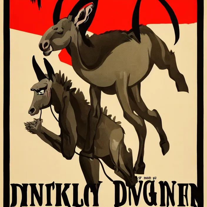 Prompt: 1 9 2 0 s horror movie poster of an evil donkey, dark atmosphere, minimalist, sharp focus, smooth, dramatic lighting, 8 k