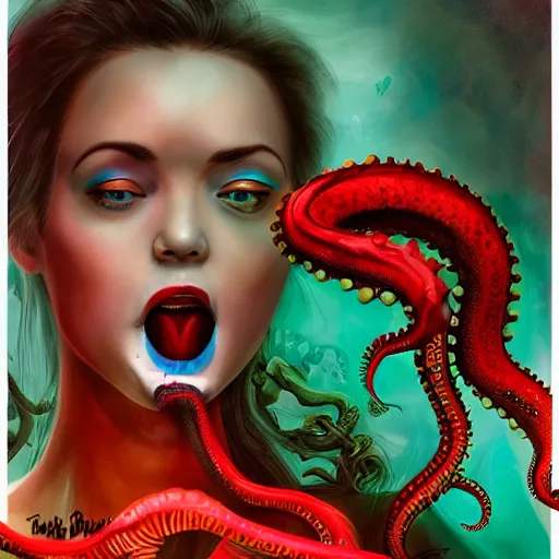 Image similar to highly photorealistic expired fuji film portrait of woman with long tentacled red tongue combined with stranger creatures, in the style of frank bairstow, artgerm, imax quality, 8 k, award winning photography