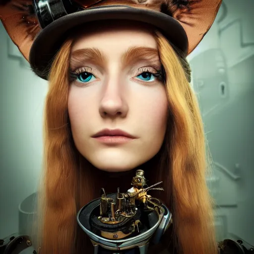 Prompt: a portrait of a beautiful steampunk woman and her cute robot cat, long hair, aged 2 5, slovenian, wearing a travel hat, photo realistic, real life, octane render, trending on artstation by mario testino