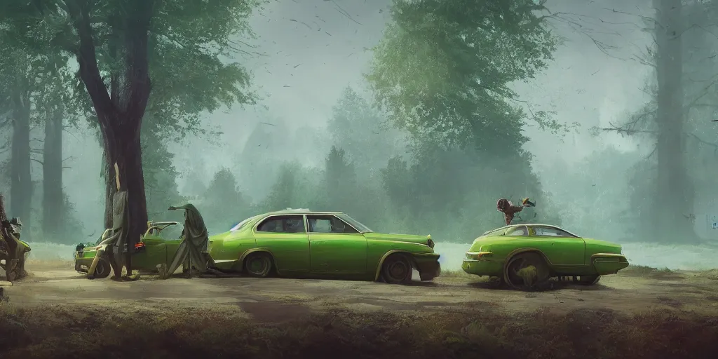 Image similar to knight sits on hood of a green car, elegant scene, indian forest, wide angle, cinematic, ultrarealistic, trending on artstation, cgsociety, highly detailed, color graded, rendered in unreal engine 4 k hq, matte painting, by simon stalenhag, horizon forbidden west