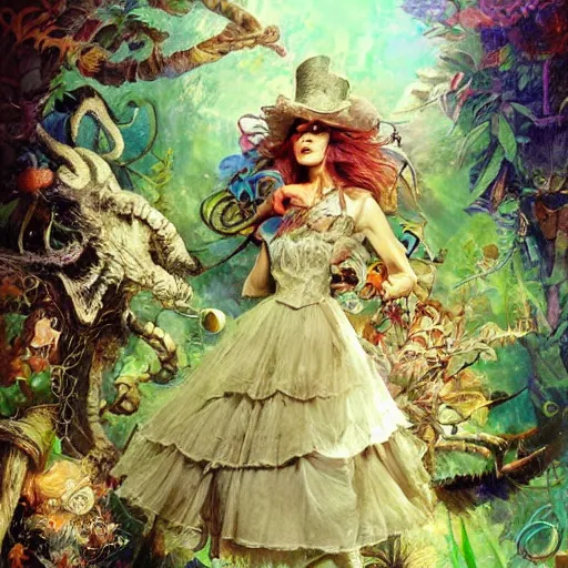 Image similar to alice in wonderland high on weed, intricate detail, painting, royo, frazetta, whealan,