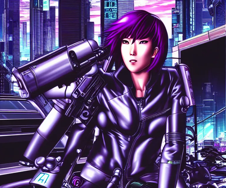 Image similar to motoko kusanagi riding a cyberpunk vehicle in a grungy cyberpunk megacity, bosozoku gang war, cyberpunk vaporwave, by phil jimenez, artgerm, sola digital arts, anti aliasing, raytracing