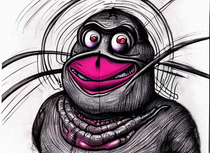 Image similar to a high quality illustration of grimace from mcdonalds by HR Giger, ink pen manga , 8k.