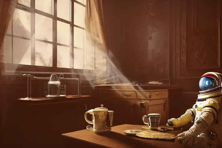 Image similar to a single cosmonaut in a spacesuit drinks a steaming cup of tea at an old wooden desk in a richly decorated Victorian house. the autumn light comes in through a window and dimly illuminates the room, diffuse light, octane render