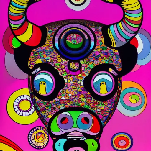 Image similar to a painting of a bull's head on a pink background, poster art by takashi murakami, behance contest winner, psychedelic art, psychedelic, poster art, concert poster