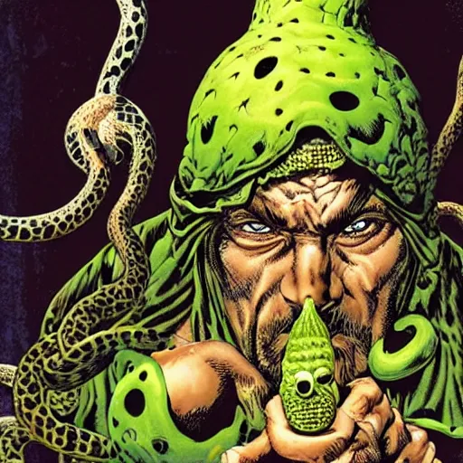 Image similar to a mysterious but ominous looking cult leader with snakes and snails on his head, art by Glenn Fabry, Simon Bisley, Clint Langley and Simon Davis.