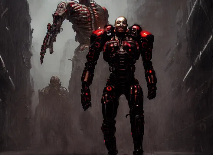 Image similar to tommy lister jr. as victor stone, full body concept, cyborg, borg, strogg, face of a man, terminator, flesh, quake strogg, doom demon, wolfenstein, monstrous, powerful, symmetry, symmetrical, concept art by ruan jia and greg rutkowski