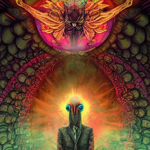 Image similar to 8K Portrait of centered chest up of a psychedelic godlike mothman with giant mandala wings smoking a hand-rolled cigarette smoking heavily , magic mushroom village in background , post-processing , award winning. superb resolution. in the art style of junji Ito and greg rutkowski . Detailed Mushroom city in background. Hyper realistic anime. Perfect art. Dalle2